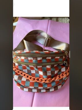 Emmafy Checkerboard Crossbody Hands-Free Bum Bag with Coral Chain Accent.